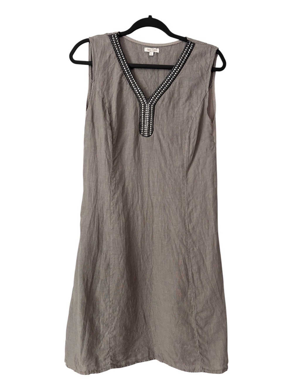 Lina Tomei Gray Linen Dress Sparkle Neck Size Large Made in Italy